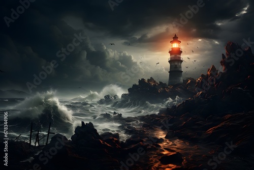 Majestic Lighthouse in Stormy Night: Waves Crashing, Sky Illuminated
