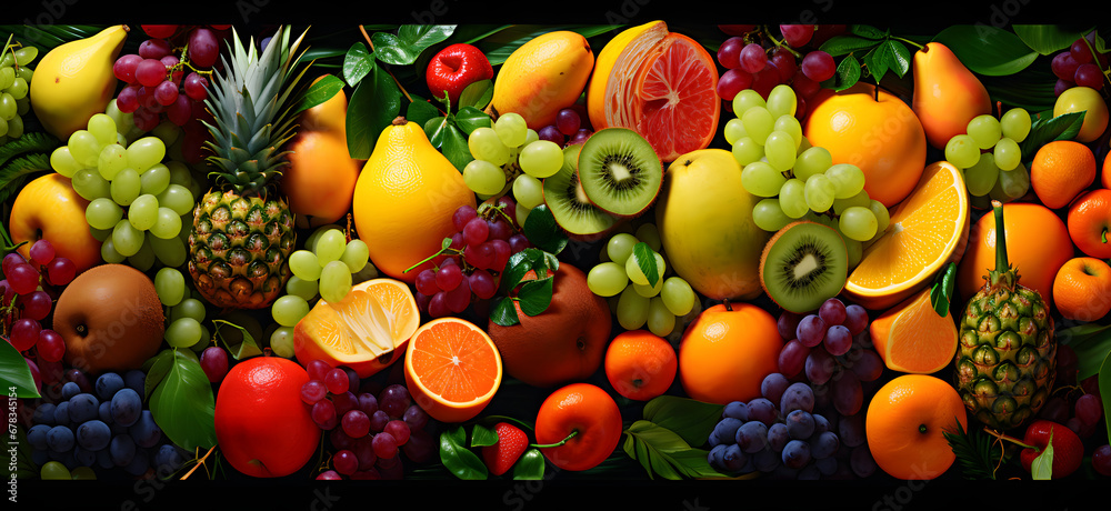 Fruit Background - Vibrant Vegan Delight: A Bountiful Assortment of Fresh Organic Fruits Fruit Background - Vibrant Vegan Delight: A Bountiful Assortment of Fresh Organic Fruits