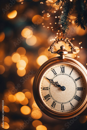 Christmas and New Year concept. Vintage clock on bokeh background.