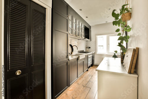 a kitchen with black shutters on the door and wood flooring in the room below is a plant hanging over the sink photo