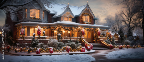 Christmas and New Year holiday background. Christmas decorations in front of a house. photo