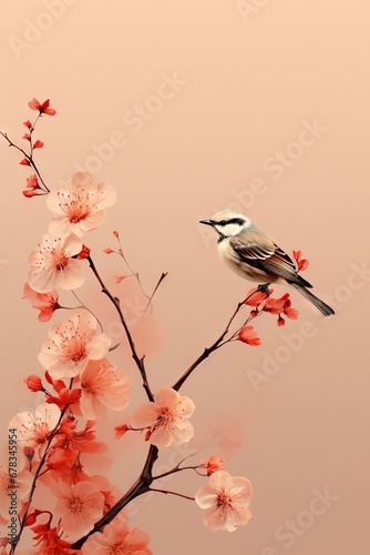 Minimalist and simple abstract multicolored bird on a branch and flowers. Modern wallpaper. Generative AI, AI © MiniMaxi