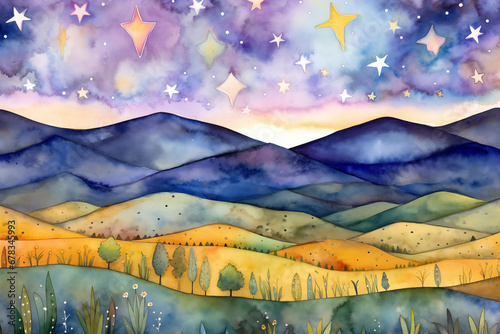 Photo Hanukkah Starry Landscape: A dreamy watercolor landscape with rolling hills, ado