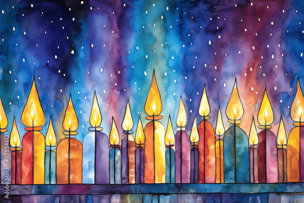 Festival of Lights: A vibrant watercolor illustration showcasing the radiance of Hanukkah lights, creating a dazzling display Festival of Lights: A vibrant watercolor illustration showcasing the radiance of Hanukkah lights, creating a dazzling display