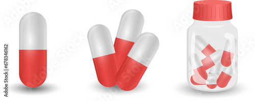 Red and white pills isolated on white  Bottle of pills Vector illustrations for medicine medical poster magazine