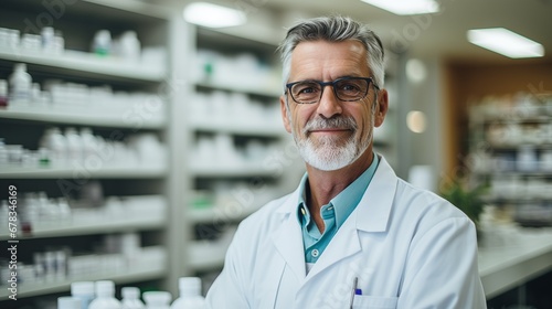 Portrait of a cheerful mature pharmacist working at a pharmacy.