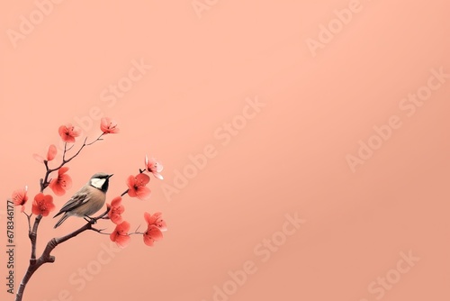 Minimalist and simple abstract multicolored bird on a branch and flowers. Modern wallpaper. Generative AI  AI
