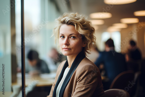 Businesswoman seduta di profilo in un ufficio con giacca photo