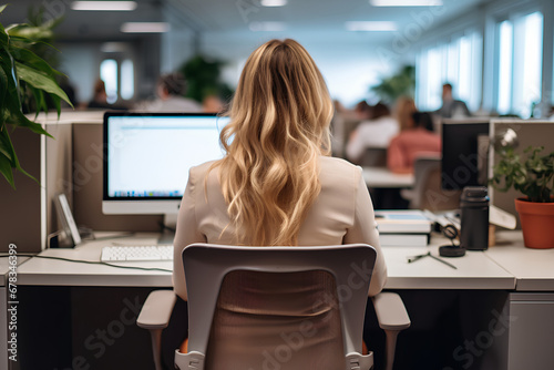 Giovane impiegata con capelli biondi seduta di spalle alla sua scrivania in ufficio photo