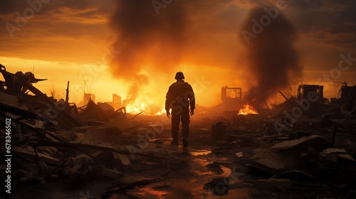 The scene depicts a war-torn landscape with billowing smoke, rubble-strewn streets, and a lone soldier standing amidst the destruction, bathed in the warm, golden light of the setting sun © CraftyImago