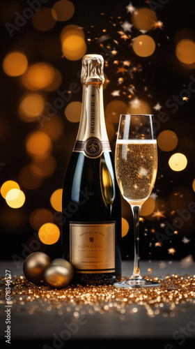 New Year's Eve celebration with champagne and golden bokeh background.