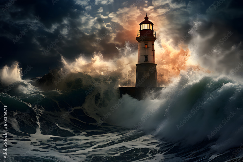 Stormy Seas, Guiding Light: A Majestic Lighthouse Illuminating the Coastal Landscape at Sunset