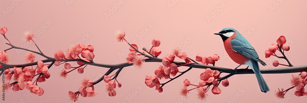 Fototapeta premium Minimalist and simple abstract multicolored bird on a branch and flowers. Modern wallpaper. Generative AI, AI