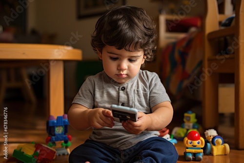 Engrossed toddler with dark curly hair exploring a smartphone amidst colorful toys home play area