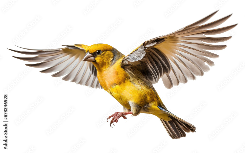 Obraz premium Finch Stuffed Bird Fluttering with His Wing on a Clear Surface or PNG Transparent Background.