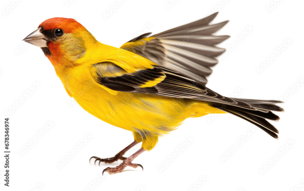 Fototapeta premium Finch Stuffed Bird Fluttering with His Wing in Yellow Color on a Clear Surface or PNG Transparent Background.