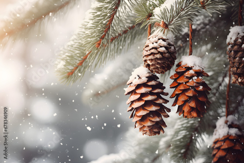 pine cones and snow, christmas background, free space for mockups, copy space
