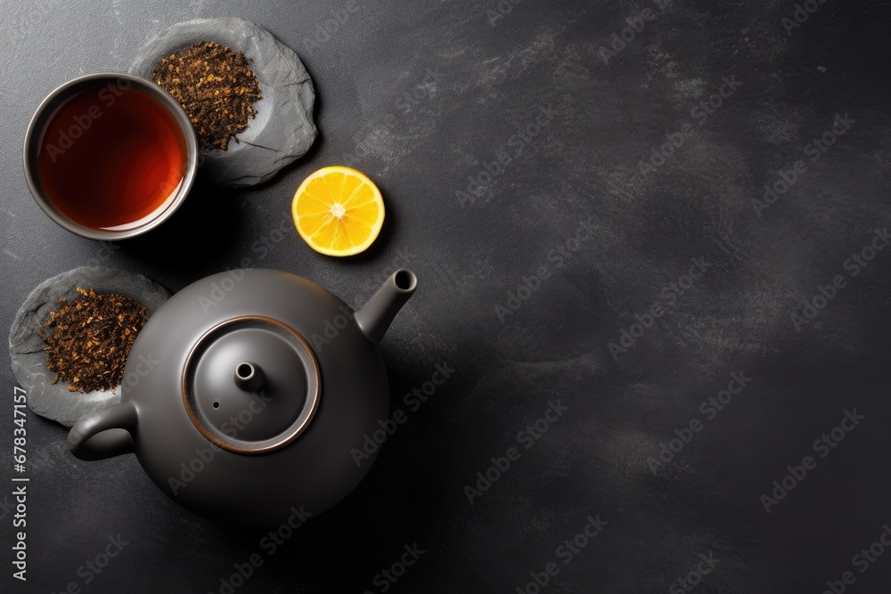 Chinese Tea - Hot Teapot And Teacups On dark background. AI Generated