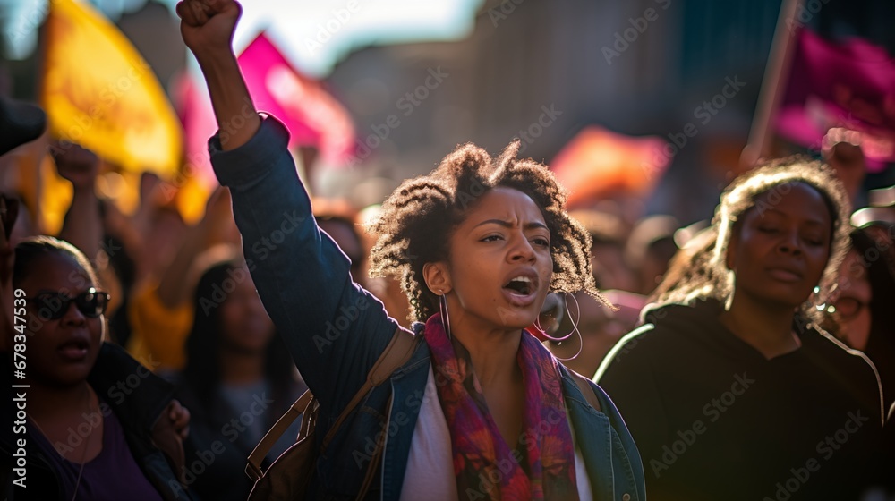 Group of African American people Protestors raise their hands shouting through megaphone while protesting with crowd of people on the streets.