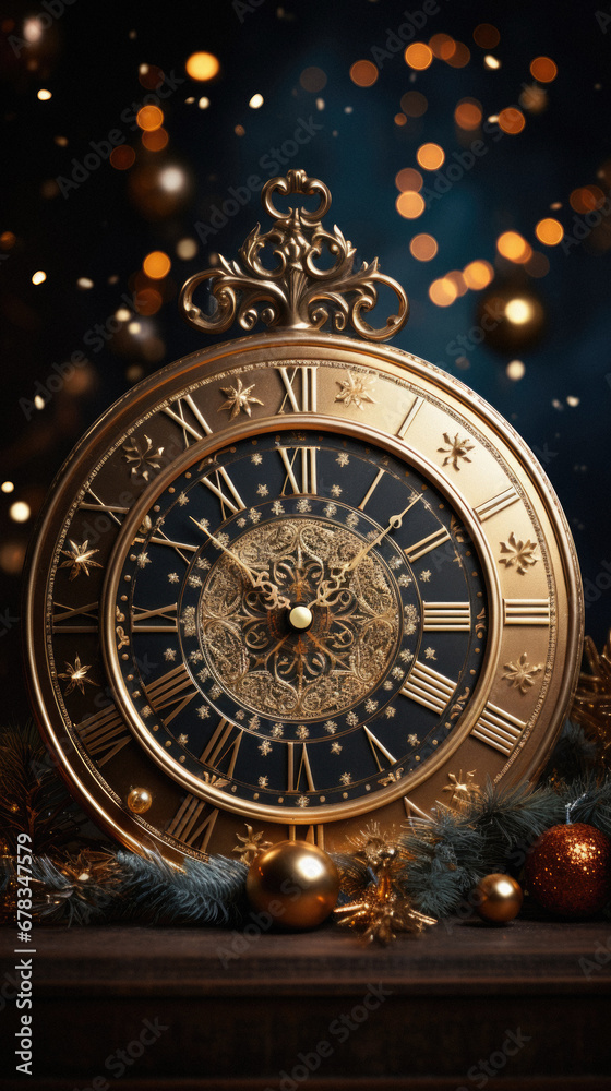 Vintage clock face and christmas decorations. New Year's Eve.