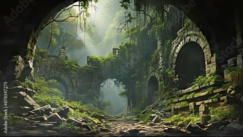 Beautiful Sun Dappled Moss Covered Fantasy Castle Ruins in a Magic Fairy Forest. Arch Bridge Over a Cobblestone Road. Looping. Animated Background. VJ / Vtuber / Streamer Backdrop. Seamless Loop. photo