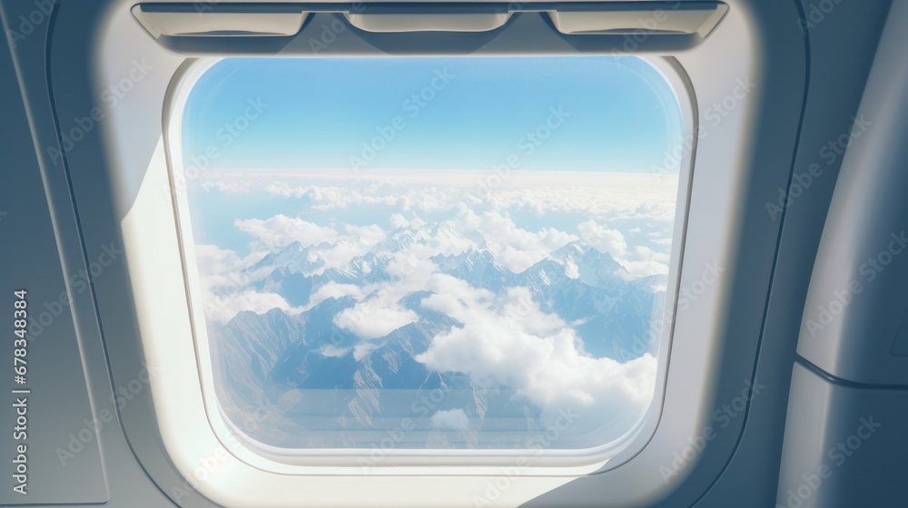 Fototapeta premium Plane windows, airplane portholes, air travel, aircraft cabin interior illuminators with white plastic frames and open blinds. Realistic plane windows in aircraft transportation.
