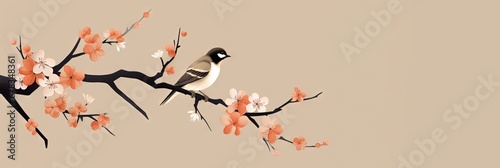 A minimalist and simple abstract multi-colored bird on a branch and flowers. Modern wallpaper. Generative AI  AI