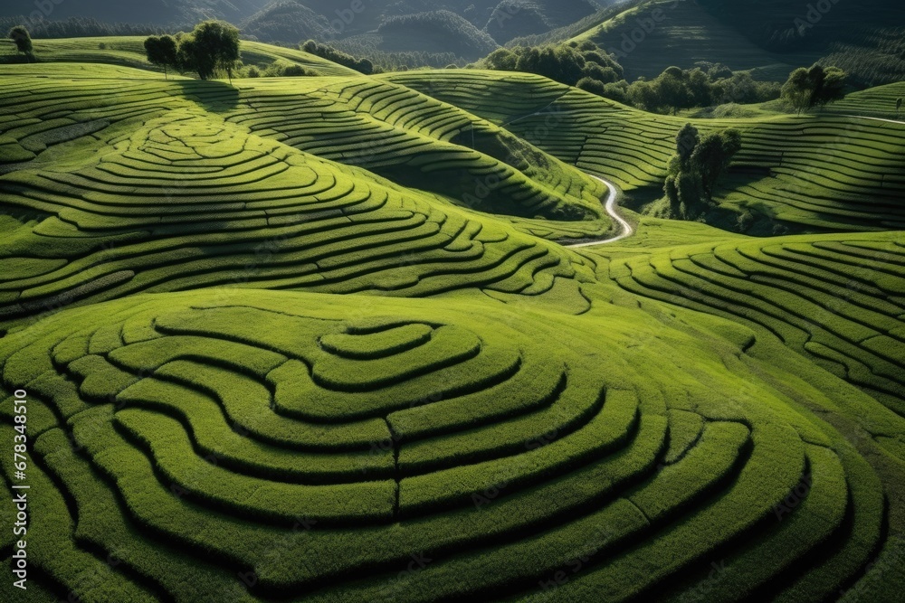Green tea plantation at sunrise time,nature background. AI Generated