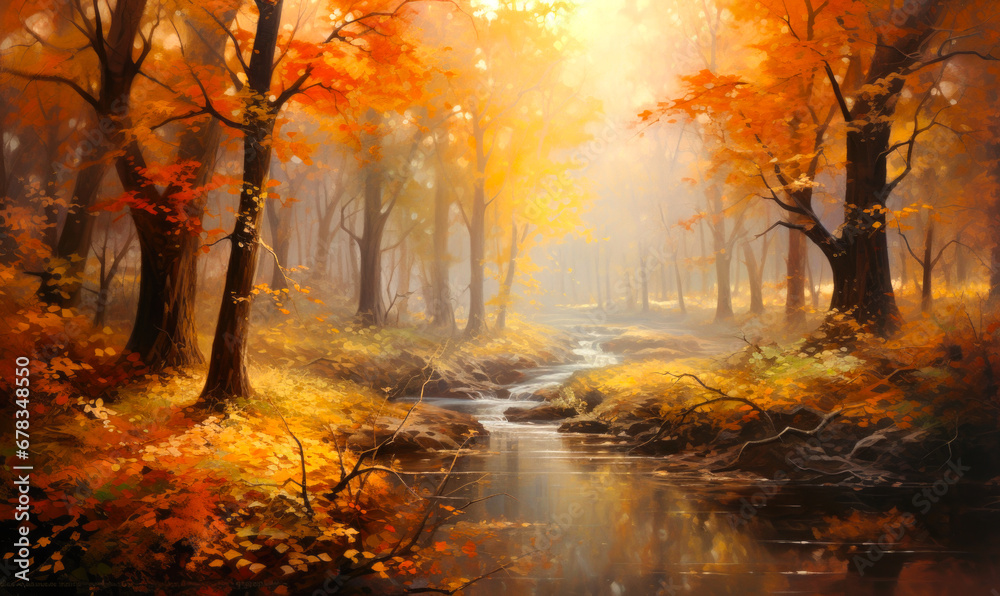 Autumn forest beauty: a lively morning with sunlight streaming through the colorful trees.