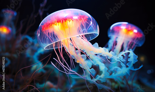 In the deep blue sea, luminous jellyfish swim with an enchanting neon glow, creating a fantasy world beneath the waves
