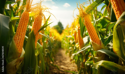 A ripe ear of golden corn with its kernels attached, growing in an organic corn field photo