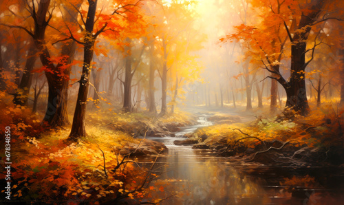 Autumn forest beauty: a lively morning with sunlight streaming through the colorful trees.