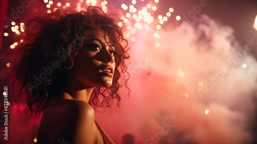Sensual woman on the street with fireworks in the background
