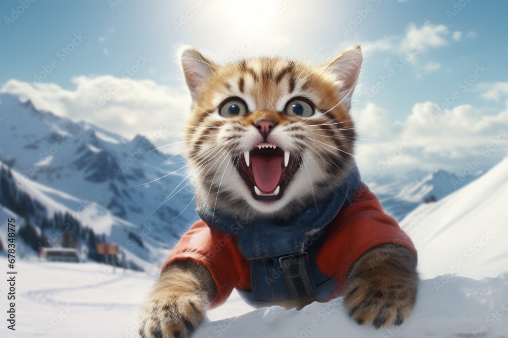 Funny kitten in winter clothes on the background of snowy mountains.