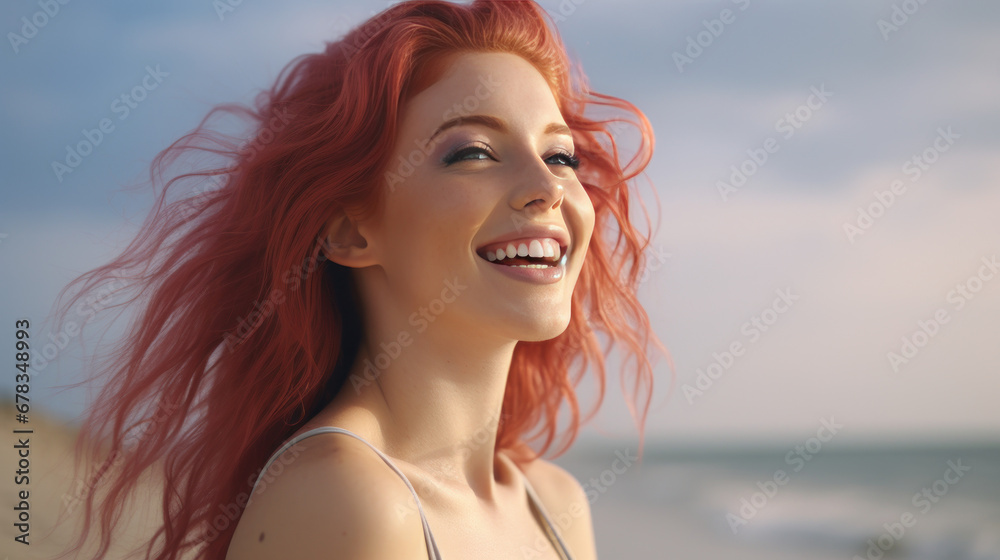 Beautiful redhaired girl smiling against the background of the beach and sea. Beautiful redhaired girl smiling against the background of the beach and sea.