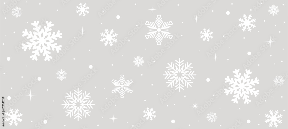 Gray background with white snowflakes and stars.
