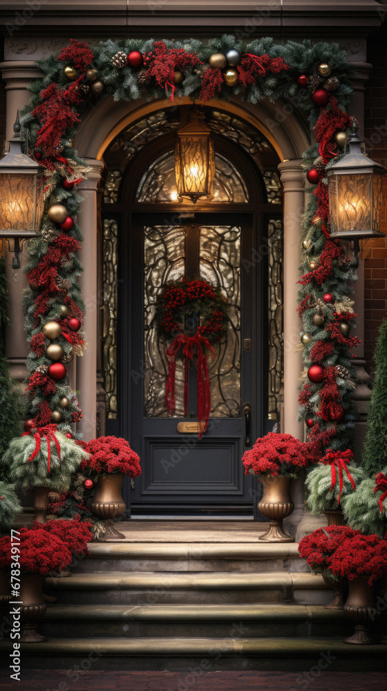 Christmas Decorations on the Front Door of a New England Home.