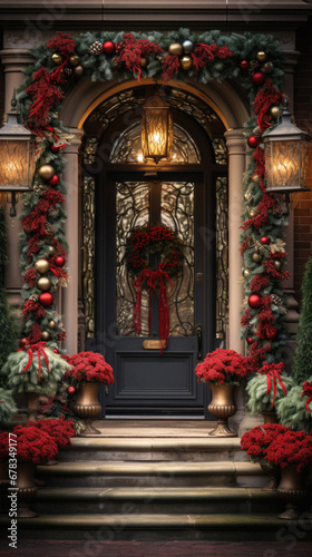 Christmas Decorations on the Front Door of a New England Home.