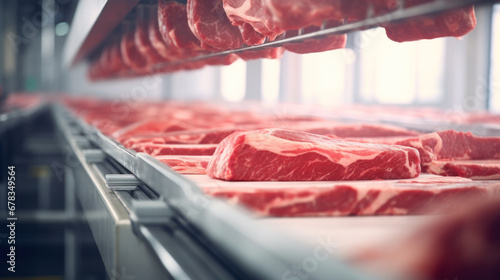 Several chunks of raw meat being processed packaged and shipped.