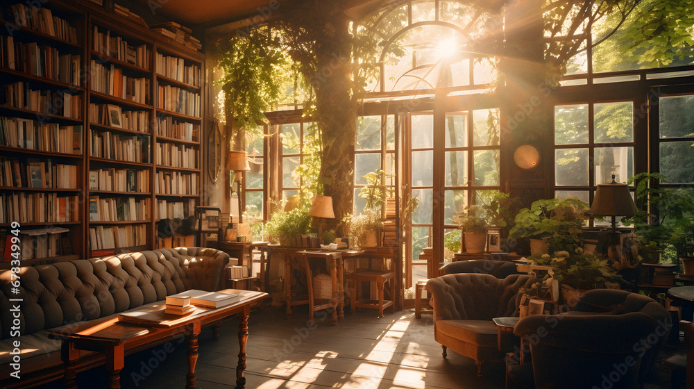 Charming Vintage Bookstore with Sunlight Streaming Through Dusty Windows, Enhanced with Soft and Pastel Tones to Evoke a Nostalgic and Cozy Atmosphere