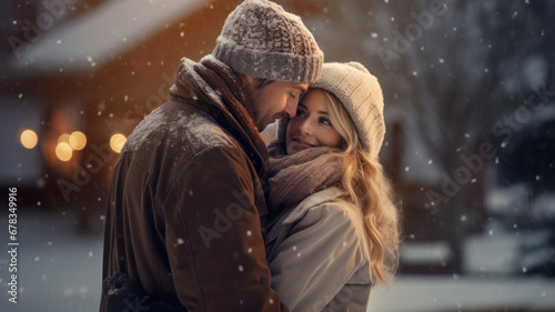 Young couple enjoying life outdoors in winter. Beautiful woman and handsome man smiling and looking each other. There is romance in the air. Blurry background.