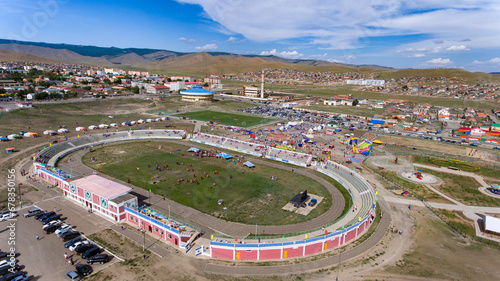 Aerial shot of a bustling Mongolian festival. photo