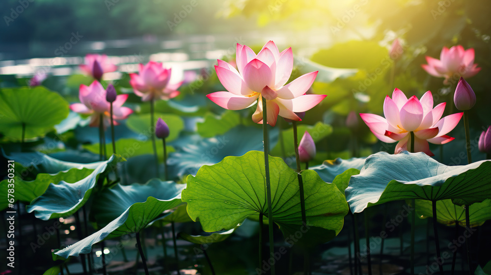 Lotus flowers in a pond. Generative Ai Lotus flowers in a pond. Generative Ai