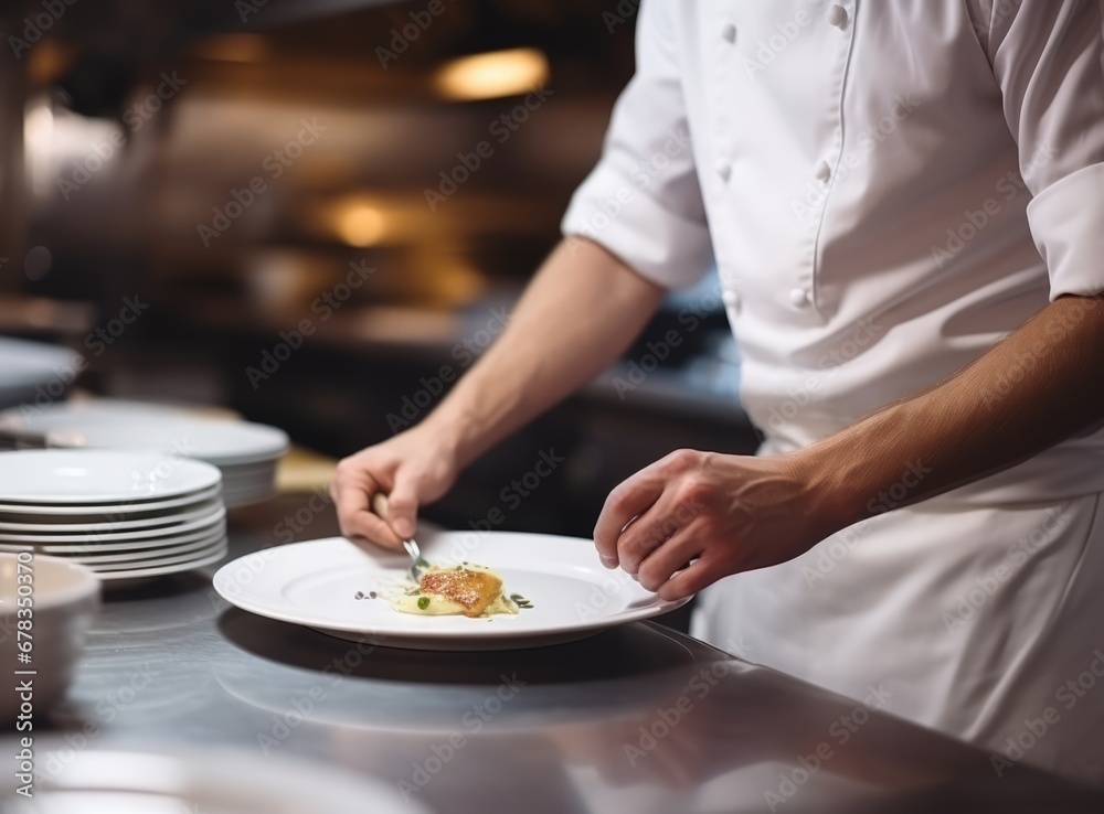 The chef's hands place the dish on a white plate. Delicious and interesting food in the restaurant.