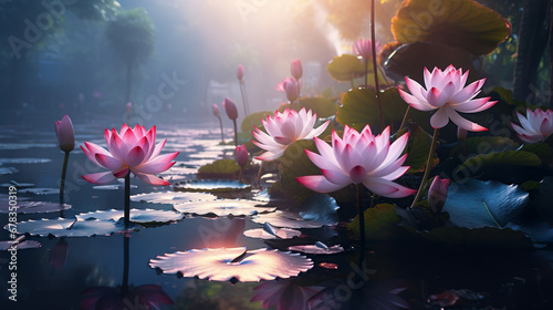 Lotus flowers in a pond. Generative Ai