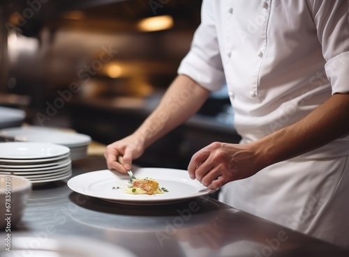 The chef's hands place the dish on a white plate. Delicious and interesting food in the restaurant.