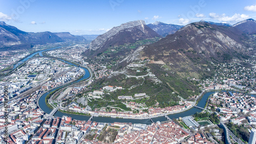 Winding river passing along French Alps Grenoble panoramic view