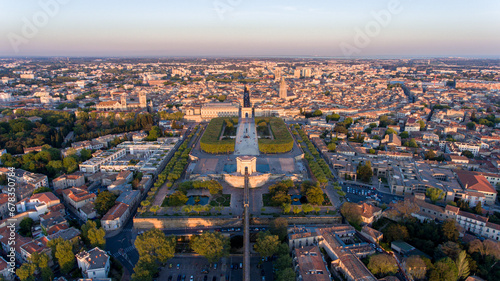 Aerial view over Montpellier's grand park and aqueduct.