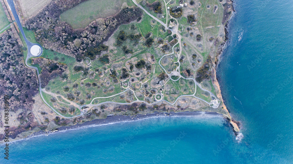 Aerial view of Pointe du Hoc's historic battlefield