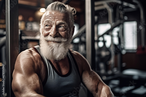 Old athle Muscula. Fitness man at workout. Elderly pensioner old man smiling in gym. 60-70 Year Old Bodybuilder. Funny old grandfather in gym. Pensioner with smile lifts weight in sports club.